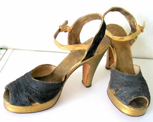 VTG 40s / 70s style black and gold refurbished platform heel disco glam shoes, 8 - Picture 1 of 4