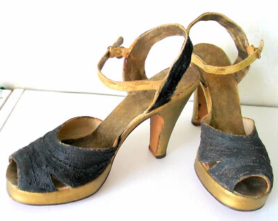 Zapatos de colección estilo años 40/70 negro y dorado reformados plataforma tacón disco glamour, 8 Foto 1 de 4