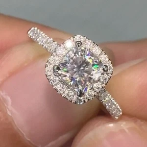 1.84 TCW Cushion Cut Moissanite Halo Engagement Ring In 14k White Gold Plated - Picture 1 of 10