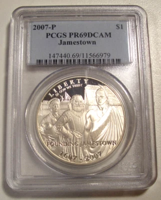 2007-P JAMESTOWN PROOF SILVER DOLLAR PCGS PR 69 DCAM LQQK - Image 1 of 2