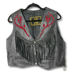 Unik Leather Collection Womens Red Rose Fringe Tassle Black Motorcycle Vest - Picture 1 of 6