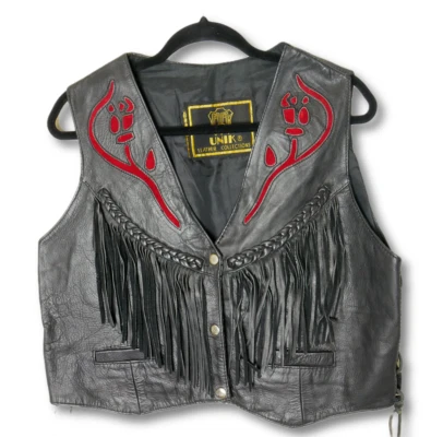Chaleco de motocicleta Unik Leather Collection para mujer rojo rosa flecos borla negro Foto 1 de 4