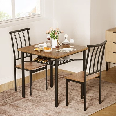 3 Piece Dining Table Chair Set with Storage Wine Rack Steel Frame Space Saving - Image 1 of 4