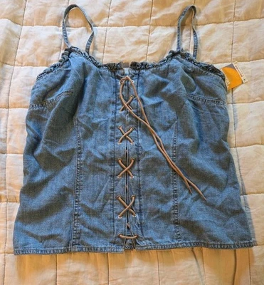 Vtg Y2K Corset Sleeveless Stretch Blue Denim Crop Tank Top Lace Up 2000s - Image 1 of 4