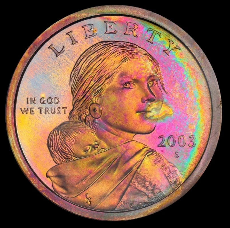 2003 S Proof Sacagawea Dollar ANACS PF69 Cameo Electric Rainbow Toned Neon Color - Image 1 of 4