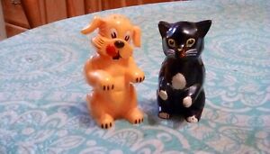 Vintage F & F Mold & Die Works Plastic Dog & Cat Salt and Pepper Shakers