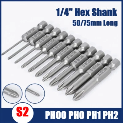 50/75mm Long Cross Impact Driver Screwdriver Bits Set PH00 PH0 PH1 PH2 Phillips - Image 1 of 4