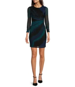 DKNY Sheath Dress Womens Petite Size 8P Printed Mesh Knit Crew Neck Long Sleeve - Picture 1 of 6