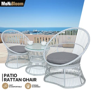 3 Pcs Patio Rattan Wicker Furniture Set Gray Cushion Chair Tempered Glass Table - Picture 1 of 11
