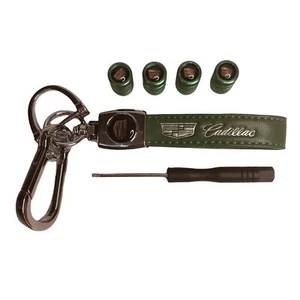 Cadillac Keychain Green Snap Keyring Silver Tone 4 Valve Stem Caps Car Emblem - Picture 1 of 5