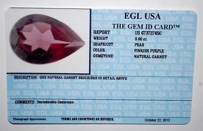 EGL USA CERTIFIED NATURAL GARNET PEAR SHAPE PINKISH PURPLE 0.66 CT GEMSTONE - Image 1 of 2
