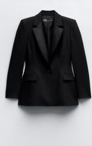 Zara Woman Satin Lapel Blazer Open Jacket Tuxedo Black Classic Cocktail Size M 