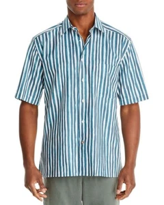Hugo BOSS Cole Relaxed Fit Stripe Short Sleeve Button-Up Shirt in Aqua Stripe XL - Picture 1 of 20