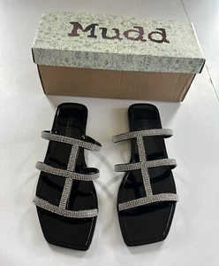 Mudd Slip On Flat Sandals Black With Rhinestones Women’s Size 7.5 New In Box - Picture 1 of 4