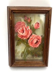 Vtg Reverse Painting Picture Glass RoseFlower Old Frame Victorian Miniature Core - Picture 1 of 12