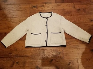 Zara Linen Contrast Quilted Piping And Flower Cream Black Jacket Sz L - Picture 1 of 10