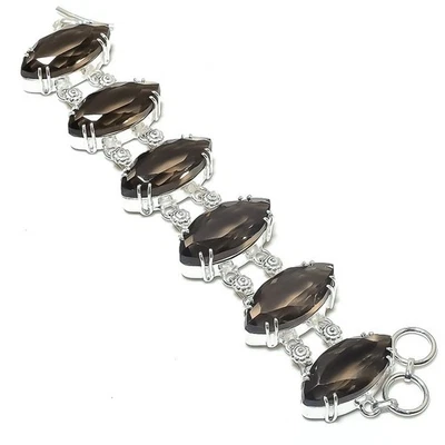 Bracciale in argento sterling 925 con quarzo fumé sfaccettato fatto a mano... - Immagine 1 di 4