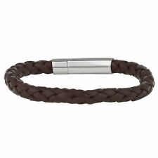 81stgeneration Stainless Steel Braided Brown Leather Wrist Bracelet, 22 cm
