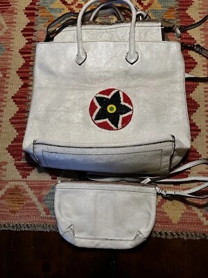 CATERINA LUCCHI WHITE ITALIAN LEATHER DISTRESSED SHOPPER BAG PURSE SEED BEAD - Image 1 of 4