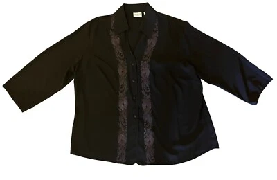 Blusa Covington Negra Bordada Mangas 3/4 Botón Cuello Frontal Cuello en V 16-18W Foto 1 de 4