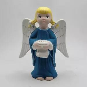 Holland Mold Angel Holding Scroll Figurine 4.5 Inch Blonde Pig Tails Vtg Blue - Picture 1 of 6