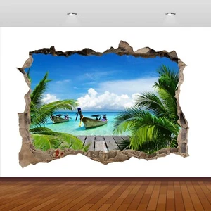 Nature Tropical Beach Boat Trees 3D Smashed Wall Sticker Poster Vinyl Mural S553 - Picture 1 of 1