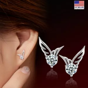 Elegant 925 Sterling Silver Jewelry Earrings Crystal Angel Wings Women Stud 1306 - Picture 1 of 6