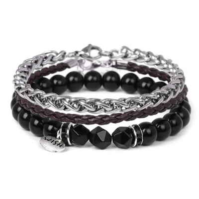 Conjunto de pulseras de cuerda de cadena de acero inoxidable con piedras preciosas Friendship para mujer y hombre Foto 1 de 4