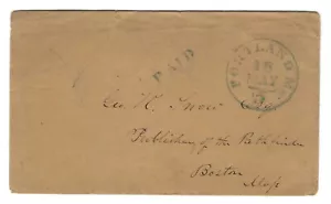 US 1849 "PORTLAND" MAINE AND "PAID" BOTH IN BLUE TO BOSTON LETTER INSIDE - Picture 1 of 3
