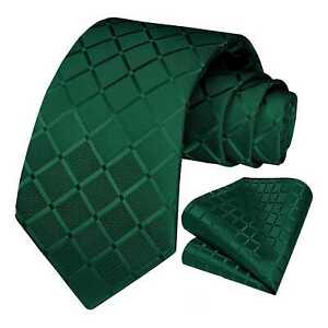 Conjunto de Corbata y Pañuelo de Bolsillo, a Cuadros, Color Verde Oscuro