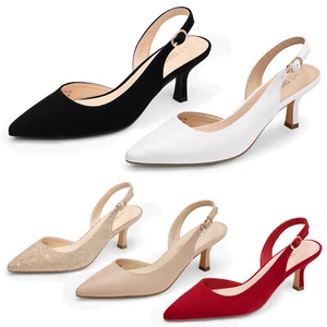 Women Slip On Slingback Pumps Low Kitten Heel Pointed Toe Dress Pump Shoes - Picture 1 of 25