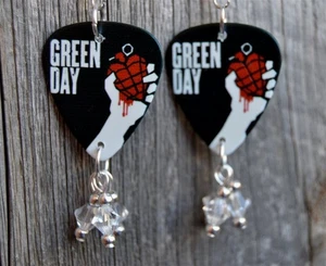 Green Day American Idiot Guitar Pick Earrings w Clear Swarovski Crystal Dangles - Picture 1 of 3