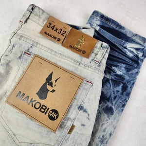MAKOBI MK Jeans Herren 34x32 Acid Wash Distressed Mid Rise Blau Denim NEU  - Bild 1 von 10