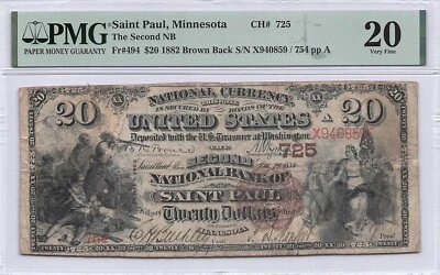 Second NB Saint Paul, MN $20 1882 Brown Back PMG 20 Charter 725 - Image 1 of 2