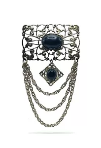 Vintage Art Deco filigran kompliziertes Messing schwarz perlenhängend Chatelaine Brosche - Bild 1 von 6