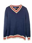 Vintage Faconnable 100% Cotton Blue Stripe Tennis Sweater Men's XL V Neck