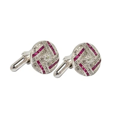 2.12ct Lab Created Ruby & Diamond Round Cufflinks for Mens 14K White Gold Plated - Image 1 of 4