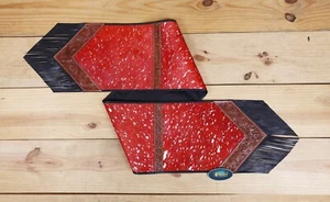 Red Acid Wash Leather Table Runner – Square-Cut Design with Tooled V-Shaped - Picture 1 of 11