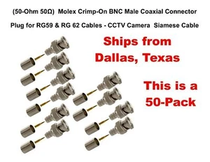 (50 Pack + 6 FREE) Crimp-On 3pc BNC RF Male Plug Connector 50-Ohm RG59/RG62 Coax - Picture 1 of 2