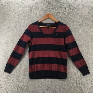 Tommy Hilfiger Pullover Sweater Womens Large Red Striped Pima Cotton Knit V-Neck - Picture 1 of 11