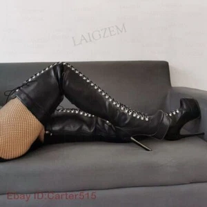 Women Thigh High Boots Faux Leather Full Zip Stiletto Heels Tall Boots Shoes Wom - Picture 1 of 2