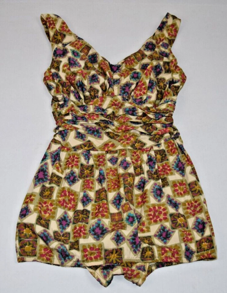Vintage Swimsuit Rose Marie Reid Size 12/34 S/M 50s Blue Patch Watercolor Rouch - Image 1 of 4