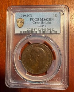 GREAT BRITAIN GEORGE V 1919-KN PENNY COIN, UNCIRCULATED, PCGS CERTIFIED MS62 - Picture 1 of 7
