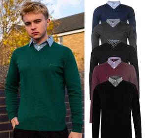 Herren Strickpullover 100 % Baumwolle V-Ausschnitt mit Mock Shirt Kragen Einsatz S-6XL - Bild 1 von 73