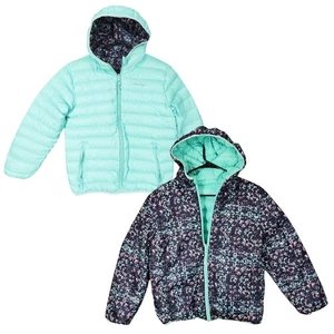 Eddie Bauer Kids Reversible Down Puffer Jacket sz L 14/16 Blue Floral Aqua Snow - Picture 1 of 16