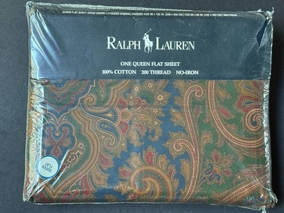 New RARE RALPH LAUREN Vintage *QUEEN FLAT Sheet ELIZABETH Paisley Blue Green IRR - Image 1 of 4