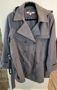 DKNY Women Hooded Trench Coat Gray XL Lightweight Belted Jacket Double Breasted - Picture 1 of 12
