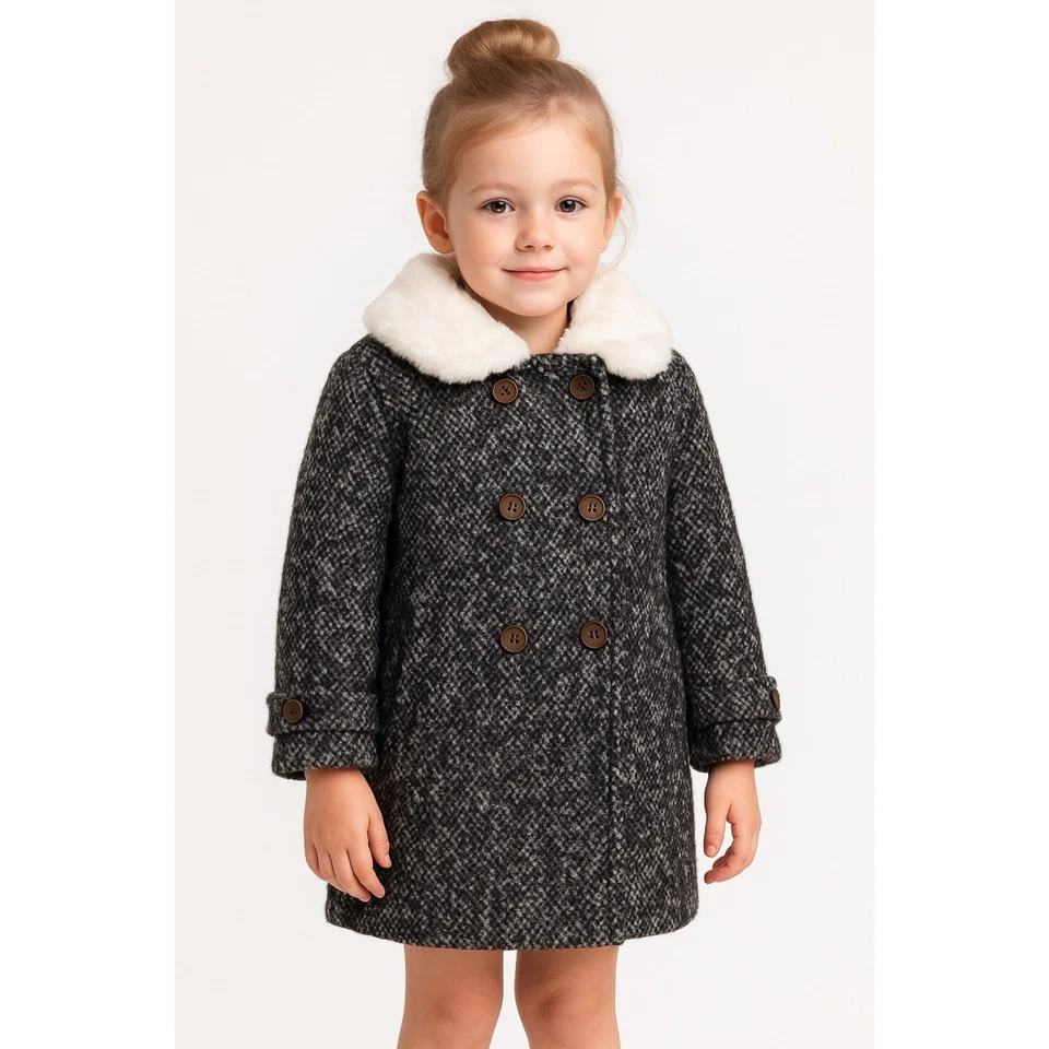 Anais & I Girls Coat 8 Black Blue White Tweed Removable Fur Collar Vintage USA - Image 1 of 4