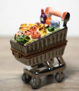 Rochard Limoges France Hand-Painted SHOPPING CART Porcelain 2 3/4" Trinket Box - Picture 1 of 9