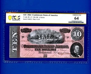 1864 $10 Confederate Currency Civil War T-68 PCGS 64 PPQ CHOICE UNC - Picture 1 of 2